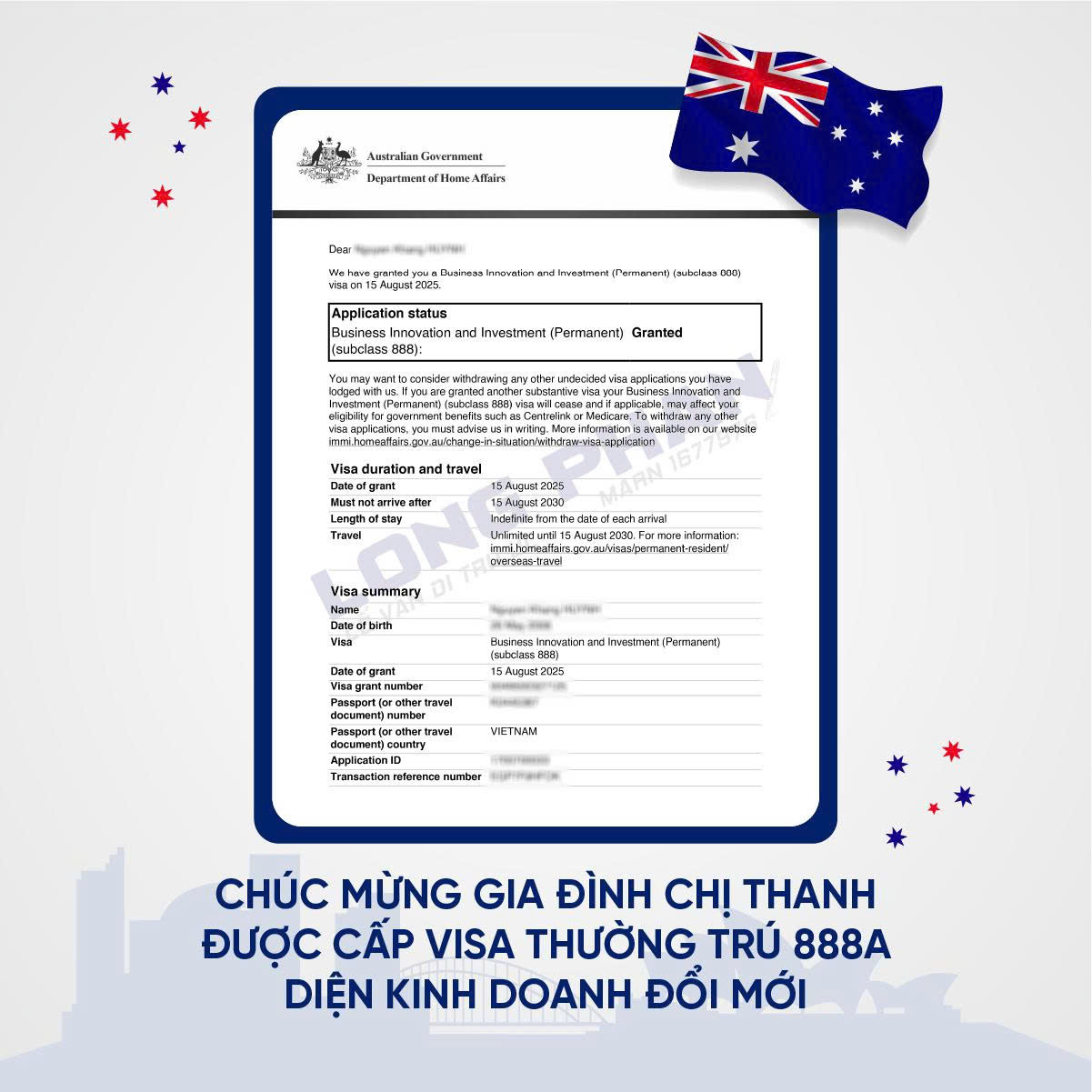 HALI Global chúc mừng gia đình chị Thanh chính thức nhận Visa Thường trú 888A Úc diện Kinh doanh Đổi mới tại NSW. Hành trình an cư bền vững cùng Cố vấn Di trú Long Phan – hiện thực hóa giấc mơ trở thành công dân toàn cầu.